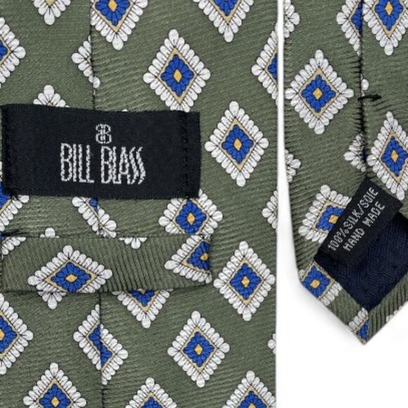 Bill Blass Silk Tie Geometric Green Blue Diamonds - Picture 4 of 6